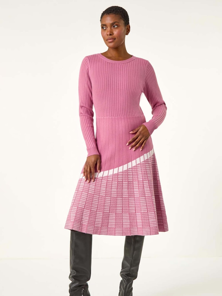 Roman Pink Pleated Border Ribbed Knit Dress - Image 1 of 5