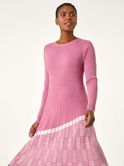 Roman Pink Pleated Border Ribbed Knit Dress - Image 2 of 5