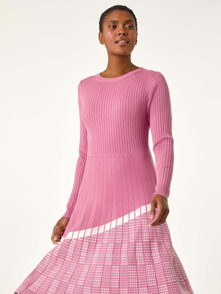 Roman Pink Pleated Border Ribbed Knit Dress - Image 2 of 5