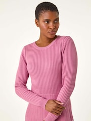Roman Pink Pleated Border Ribbed Knit Dress - Image 4 of 5