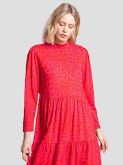 Roman Pink Jacquard Leopard Print Tiered Dress - Image 1 of 6