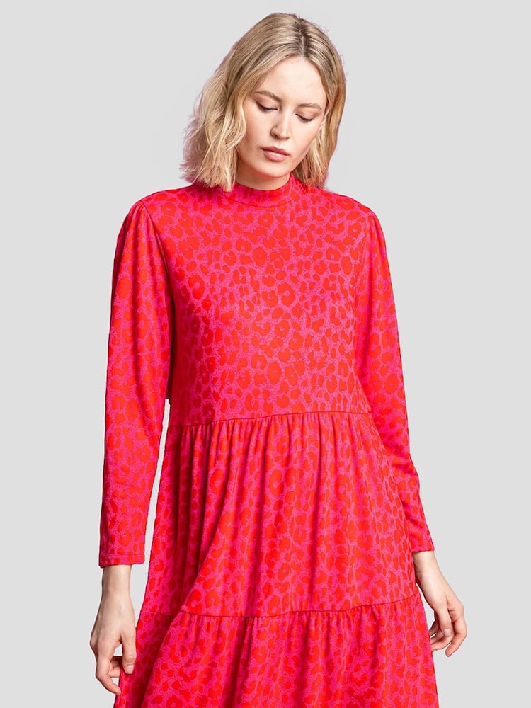 Roman Pink Jacquard Leopard Print Tiered Dress - Image 1 of 6