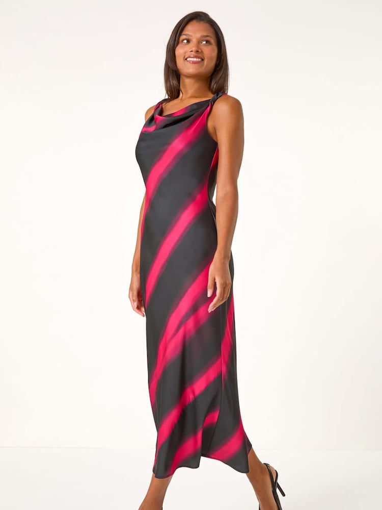 Roman Stripe Print Satin Twist Strap Midi Dress - Image 1 of 6
