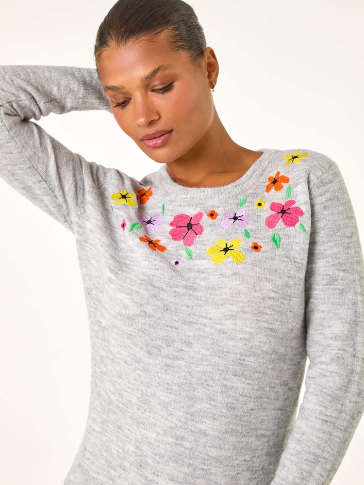 Roman Grey Floral Embroidered Crew Neck Sweater - Image 1 of 5
