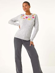 Roman Grey Floral Embroidered Crew Neck Sweater - Image 2 of 5