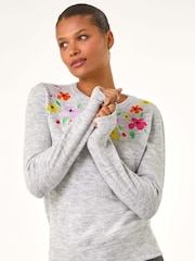 Roman Grey Floral Embroidered Crew Neck Sweater - Image 4 of 5