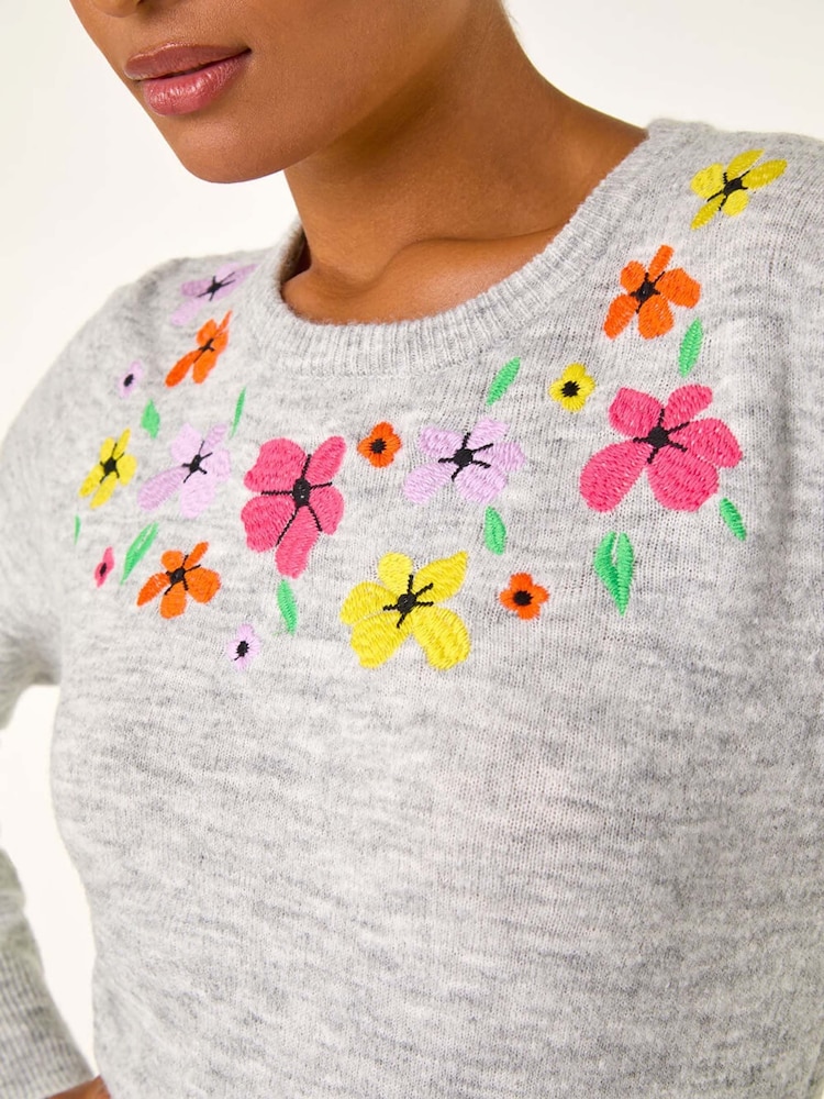 Roman Grey Floral Embroidered Crew Neck Sweater - Image 5 of 5