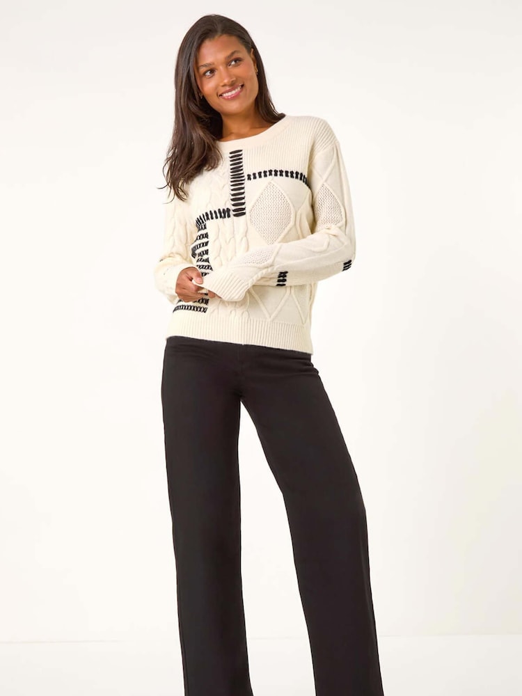 Roman White Crew Neck Blanket Cable Knit Jumper - Image 2 of 5
