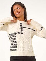 Roman White Crew Neck Blanket Cable Knit Jumper - Image 4 of 5