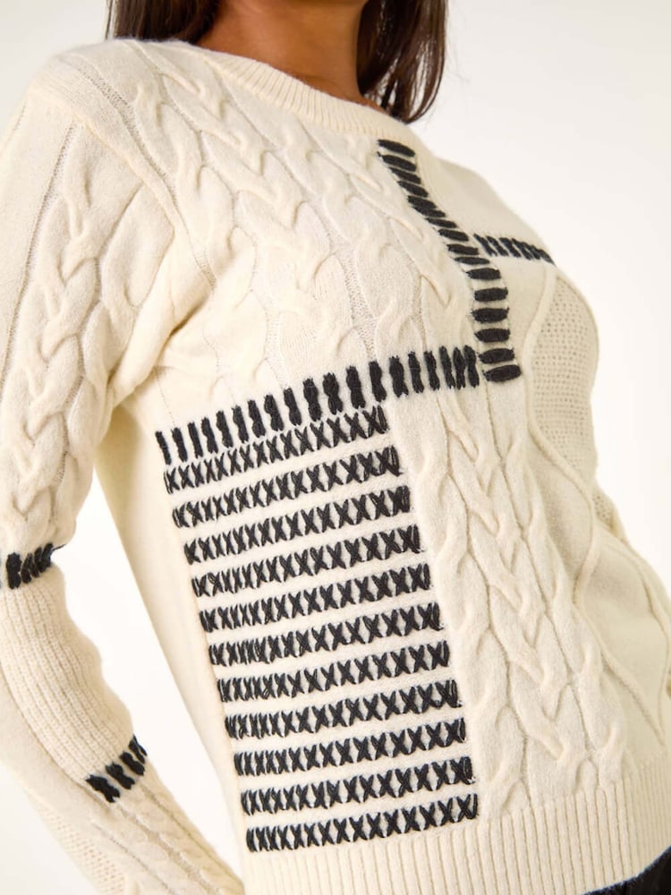 Roman White Crew Neck Blanket Cable Knit Jumper - Image 5 of 5