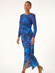 Roman Blue Printed Ruched Mesh Pencil Skirt - Image 2 of 5