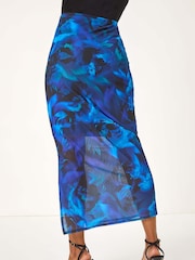 Roman Blue Printed Ruched Mesh Pencil Skirt - Image 3 of 5