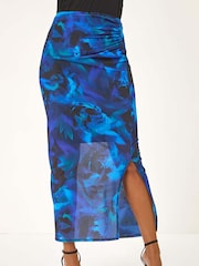 Roman Blue Printed Ruched Mesh Pencil Skirt - Image 4 of 5