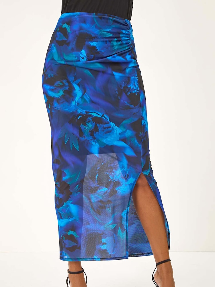 Roman Blue Printed Ruched Mesh Pencil Skirt - Image 4 of 5