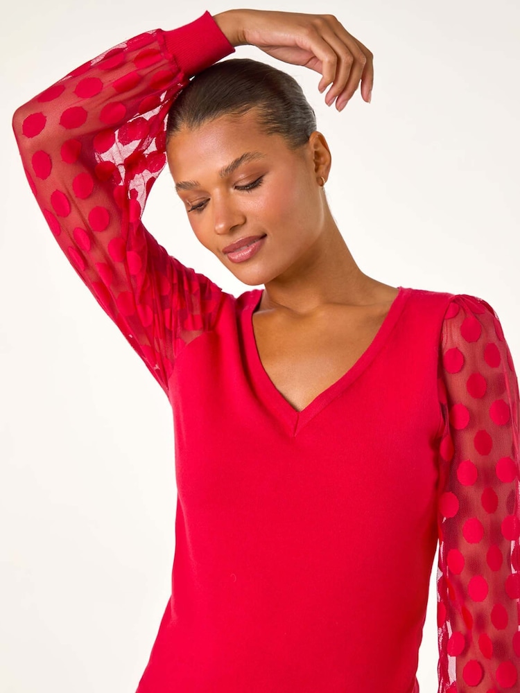 Roman Red Polka Dot V-Neck Sleeve Knit Jumper - Image 1 of 5