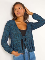 Roman Blue Abstract Print Tie Front Frill Cardigan - Image 1 of 6