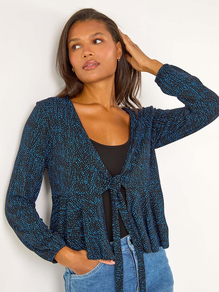 Roman Blue Abstract Print Tie Front Frill Cardigan - Image 1 of 6