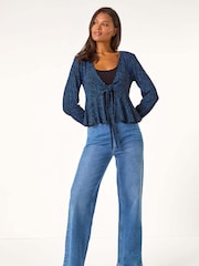 Roman Blue Abstract Print Tie Front Frill Cardigan - Image 3 of 6