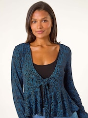 Roman Blue Abstract Print Tie Front Frill Cardigan - Image 5 of 6