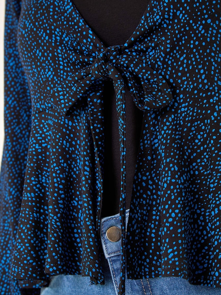 Roman Blue Abstract Print Tie Front Frill Cardigan - Image 6 of 6
