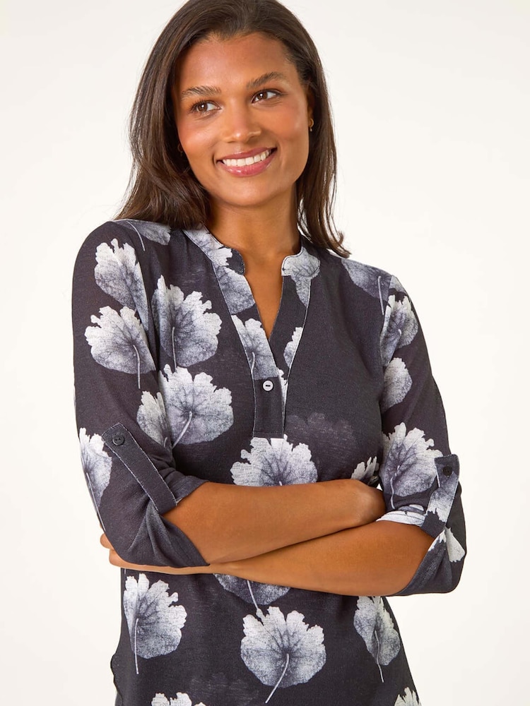 Roman Black Floral Print Layered Tunic - Image 1 of 5