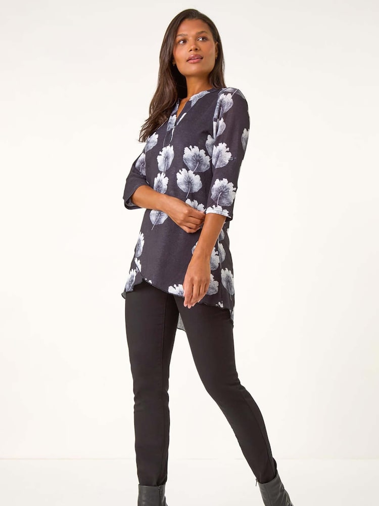 Roman Black Floral Print Layered Tunic - Image 2 of 5