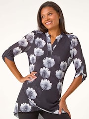 Roman Black Floral Print Layered Tunic - Image 4 of 5