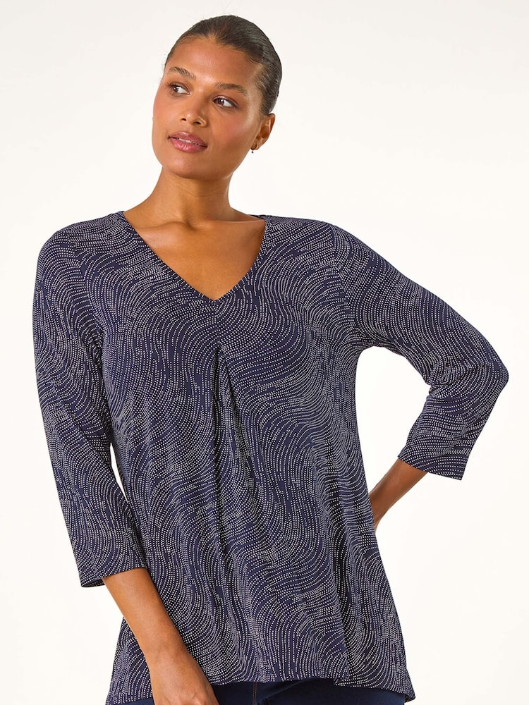 Roman Blue Pleat Front Dot Print Top - Image 1 of 5