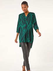 Roman Green Abstract Print V-Neck Longline Blouse - Image 1 of 6