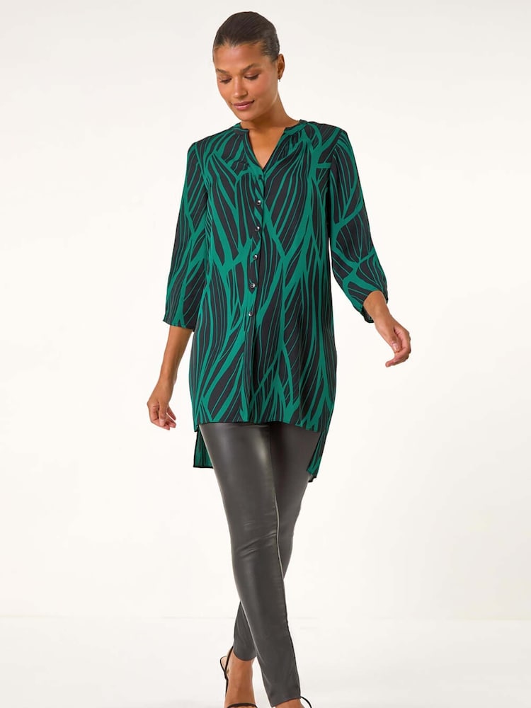 Roman Green Abstract Print V-Neck Longline Blouse - Image 1 of 6