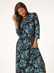 Roman Blue Floral Print Gathered Stretch Midi Dress - Image 1 of 5