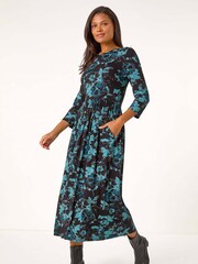 Roman Blue Floral Print Gathered Stretch Midi Dress - Image 2 of 5