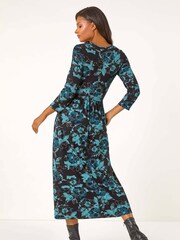 Roman Blue Floral Print Gathered Stretch Midi Dress - Image 3 of 5