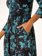 Roman Blue Floral Print Gathered Stretch Midi Dress - Image 5 of 5
