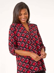 Roman Red Abstract V-Neck Pleat Front Stretch Top - Image 1 of 5