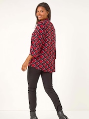 Roman Red Abstract V-Neck Pleat Front Stretch Top - Image 3 of 5