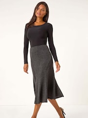 Roman Grey Flared Textured Midi Stretch Skirt - Image 1 of 5