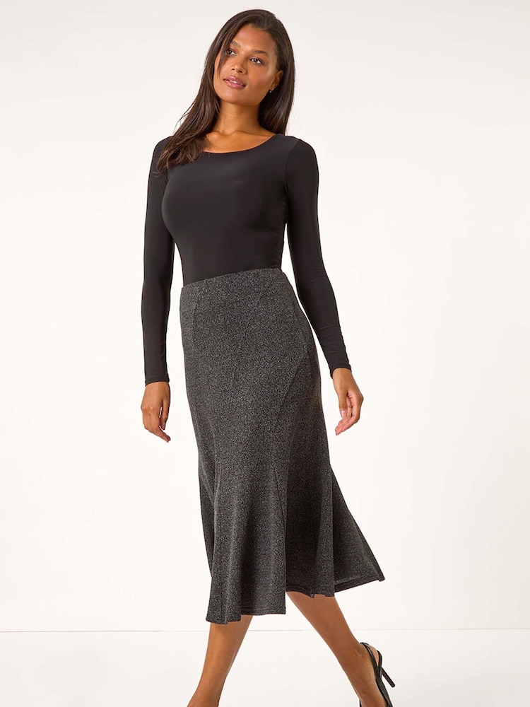 Roman Grey Flared Textured Midi Stretch Skirt - Image 1 of 5