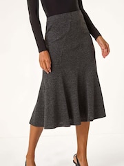 Roman Grey Flared Textured Midi Stretch Skirt - Image 4 of 5