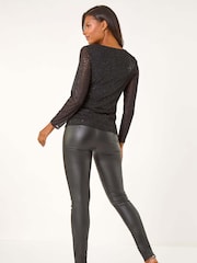 Roman Black Asymmetric Neck Sparkle Mesh Stretch Top - Image 2 of 4