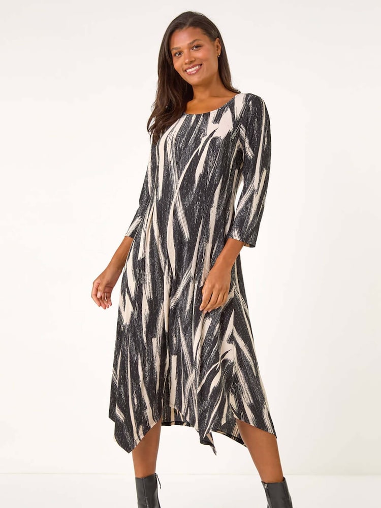 Roman Grey Ribbon Print Hanky Hem Midi Dress - Image 1 of 4