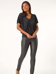 Roman Black Textured Velvet V-Neck Banded Hem Top - Image 1 of 5