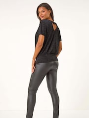 Roman Black Textured Velvet V-Neck Banded Hem Top - Image 2 of 5