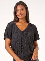 Roman Black Textured Velvet V-Neck Banded Hem Top - Image 3 of 5