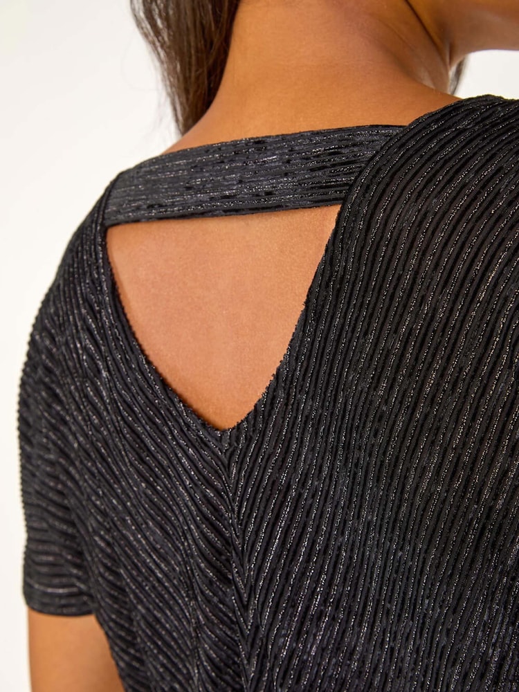 Roman Black Textured Velvet V-Neck Banded Hem Top - Image 5 of 5