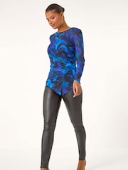 Roman Blue Blurred Print Ruched Stretch Mesh Top - Image 3 of 6