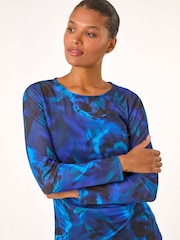 Roman Blue Blurred Print Ruched Stretch Mesh Top - Image 5 of 6