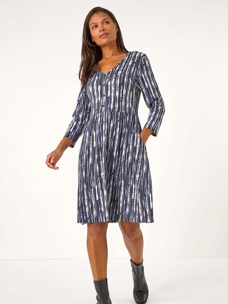 Roman Black Tie Dye Button Detail V-Neck Dress - Image 1 of 5