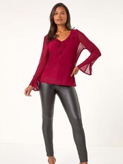 Roman V-Neck Frill Neck Tie Sleeve Mesh Top - Imagem 1 de 5