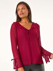 Roman V-Neck Frill Neck Tie Sleeve Mesh Top - Imagem 2 de 5